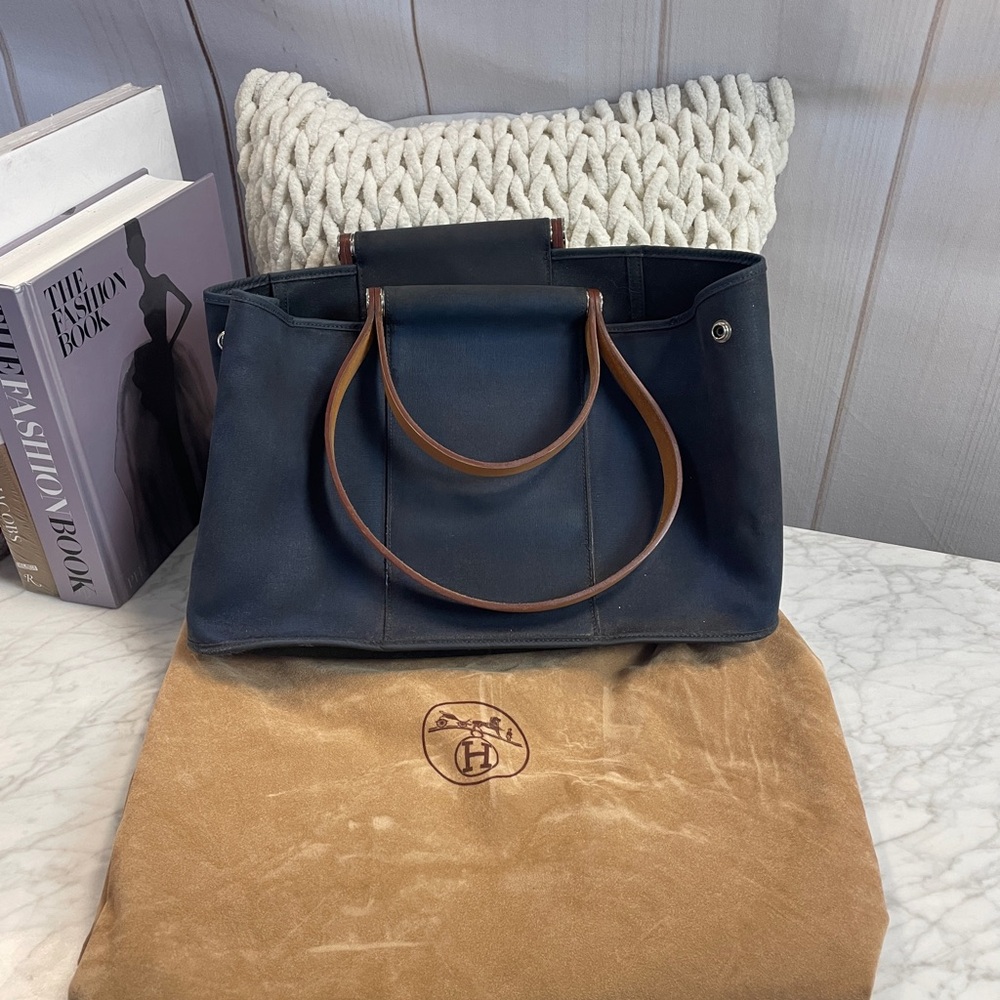 Hermes Navy Canvas & Brown Leather Tote Bag
